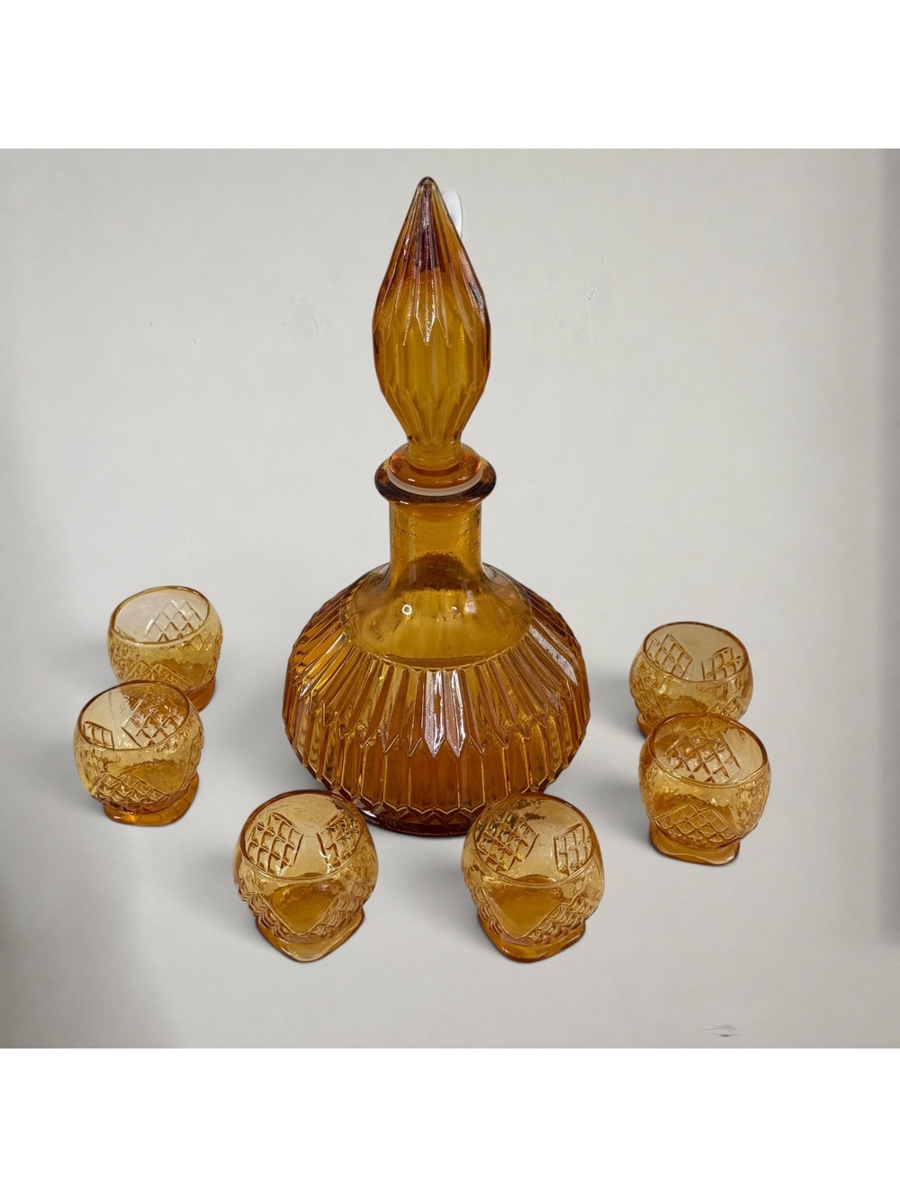 Vintage Amber Glass Decanter Set 6 Cordial Glasses MCM 7 Piece Barware